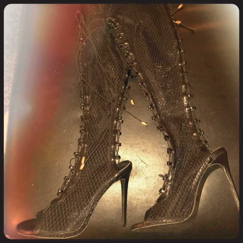 Black mesh lace up boots